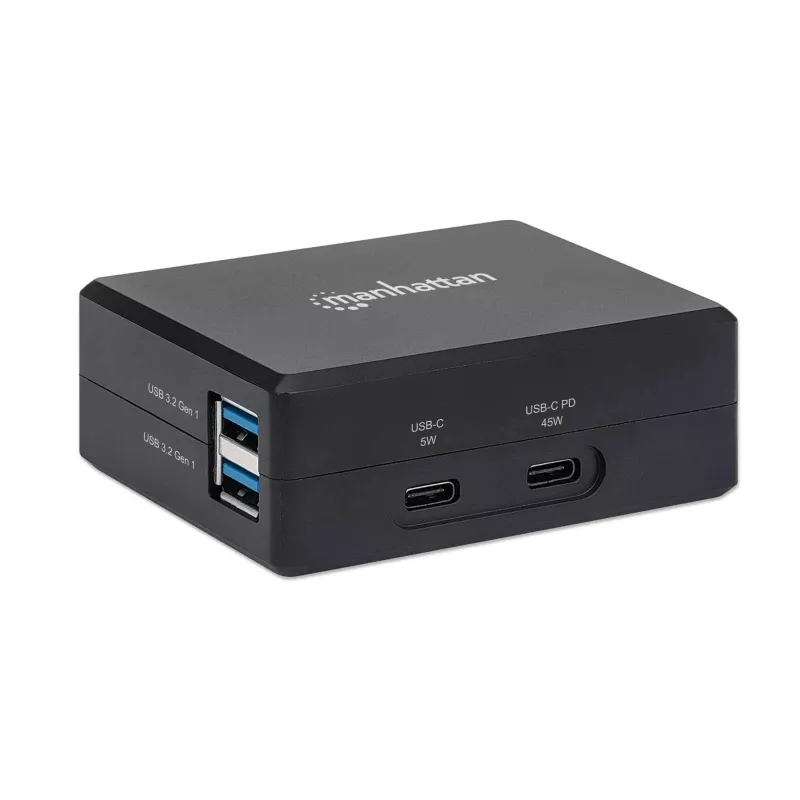 Manhattan Smart Video Multiport Dock, conexiones (x5): conector HDMI, USB-A (x2), USB-C (x2), con Power Delivery al conector USB-C, alimentación interna, ultraligero, cable de alimentación desmontable, negro, tres años de garantía, caja de venta al por menor