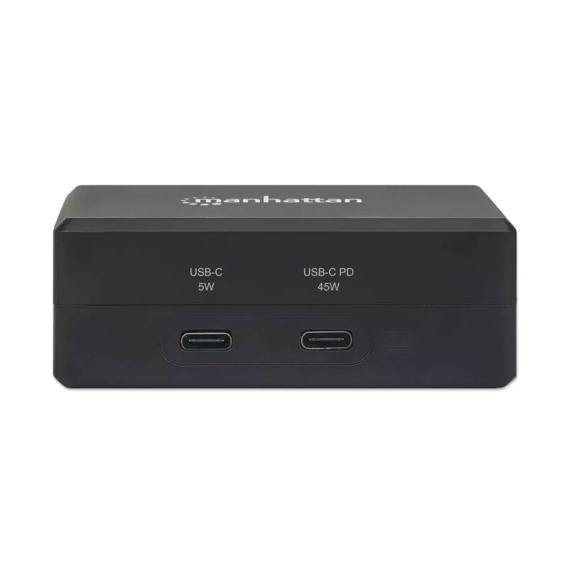 Manhattan Smart Video Multiport Dock, conexiones (x5): conector HDMI, USB-A (x2), USB-C (x2), con Power Delivery al conector USB-C, alimentación interna, ultraligero, cable de alimentación desmontable, negro, tres años de garantía, caja de venta al por menor