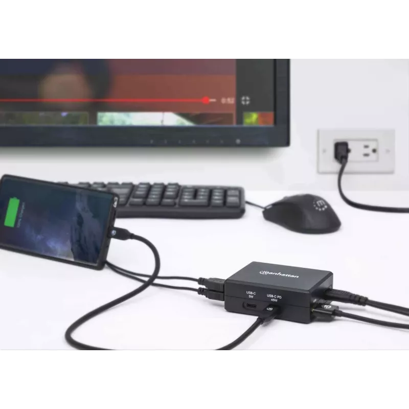 Manhattan Smart Video Multiport Dock, conexiones (x5): conector HDMI, USB-A (x2), USB-C (x2), con Power Delivery al conector USB-C, alimentación interna, ultraligero, cable de alimentación desmontable, negro, tres años de garantía, caja de venta al por menor