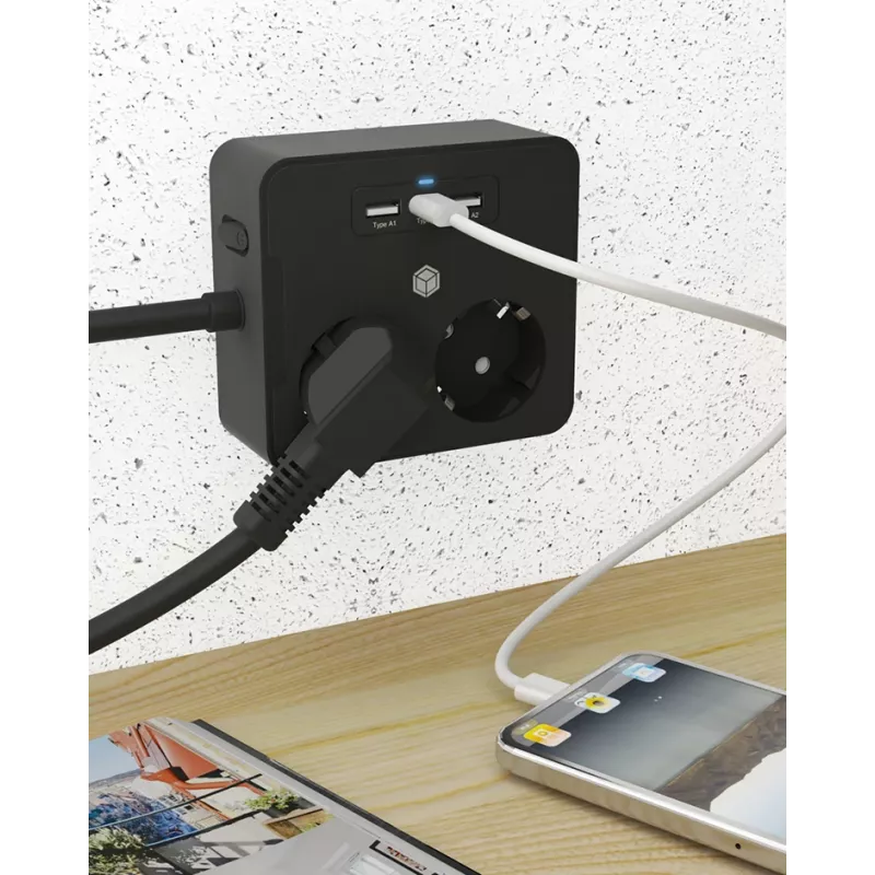 ICY BOX IB-MPS2220B-CH alargador 1,9 m 2 tomas AC para interior negro