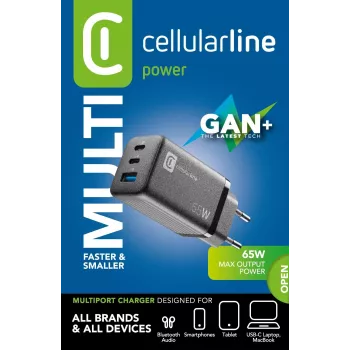 Cellularline Multipower Micro cargador rápido ultracompacto de 65W con 3 conexiones