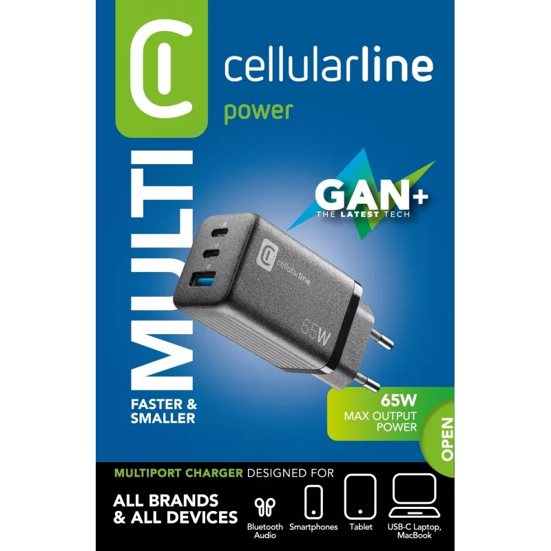 Cellularline Multipower Micro cargador rápido ultracompacto de 65W con 3 conexiones