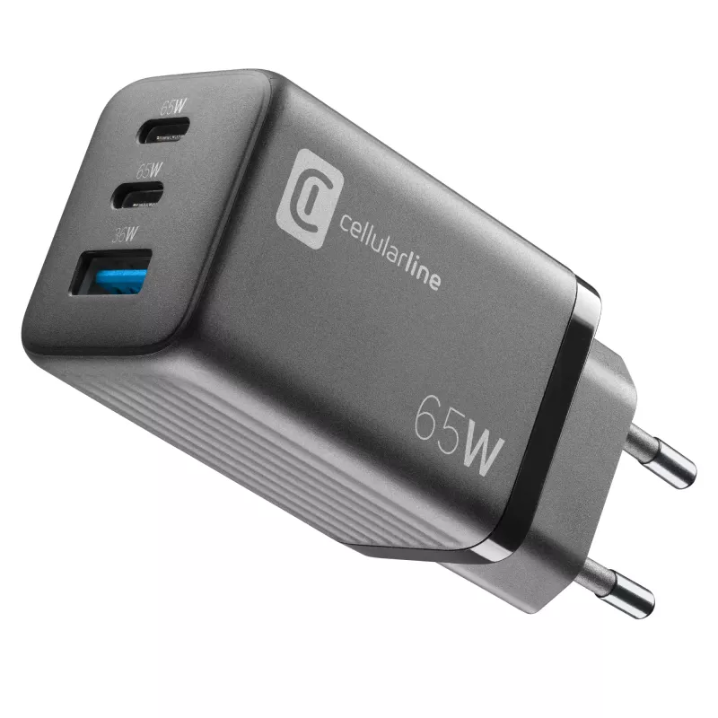 Cellularline Multipower Micro cargador rápido ultracompacto de 65W con 3 conexiones