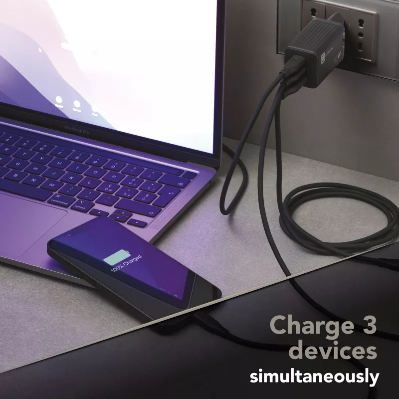 Cellularline Multipower Micro cargador rápido ultracompacto de 65W con 3 conexiones