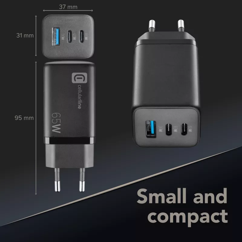 Cellularline Multipower Micro cargador rápido ultracompacto de 65W con 3 conexiones