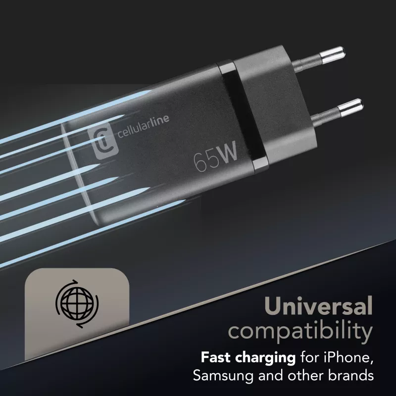 Cellularline Multipower Micro cargador rápido ultracompacto de 65W con 3 conexiones