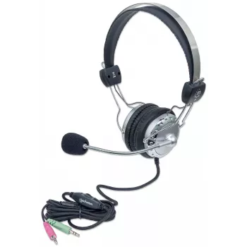 Manhattan Auriculares estéreo over-ear (3,5 mm), varilla de micrófono acolchada, diadema de acero ajustable, control de volumen en línea, almohadillas, 2x conector jack estéreo de 3,5 mm estándar para audio/micrófono, cable de 2,5 m, 3 años de garantía