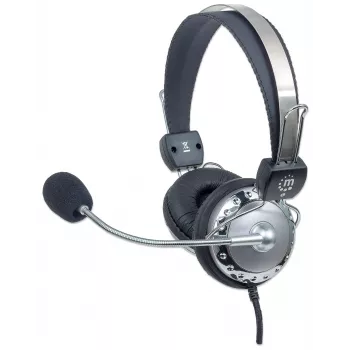 Manhattan Auriculares estéreo over-ear (3,5 mm), varilla de micrófono acolchada, diadema de acero ajustable, control de volumen en línea, almohadillas, 2x conector jack estéreo de 3,5 mm estándar para audio/micrófono, cable de 2,5 m, 3 años de garantía