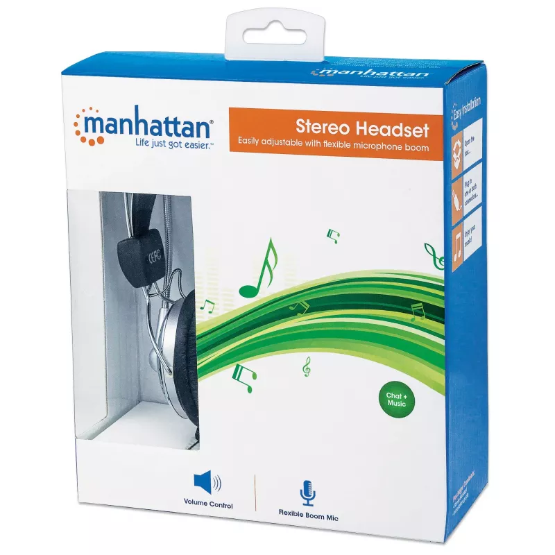 Manhattan 175517 auriculares estéreo con micrófono Standard II, supraaurales, micrófono flexible de acero inoxidable