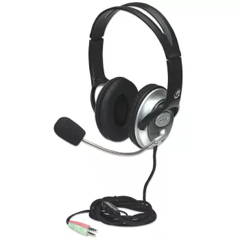 Manhattan Auriculares estéreo over-ear (3,5 mm), varilla de micrófono (acolchada), diadema de acero ajustable, mando en línea para control de volumen, almohadillas, 2x conector jack estéreo de 3,5 mm estándar para audio/micrófono, cable de 2,5 m, 3 años de garantía