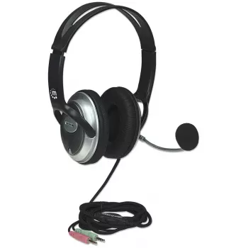 Manhattan Auriculares estéreo over-ear (3,5 mm), varilla de micrófono (acolchada), diadema de acero ajustable, mando en línea para control de volumen, almohadillas, 2x conector jack estéreo de 3,5 mm estándar para audio/micrófono, cable de 2,5 m, 3 años de garantía