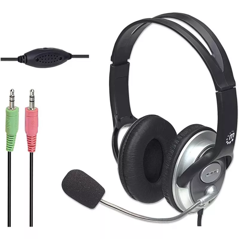 Manhattan 175555 auriculares estéreo con micrófono Classic, micrófono flexible de acero inoxidable