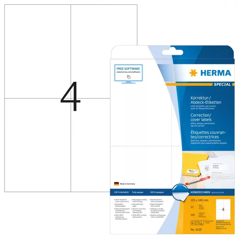 HERMA 4229 Etiquetas correctoras Special Opaque A6 105 x 148 mm, 100 etiquetas