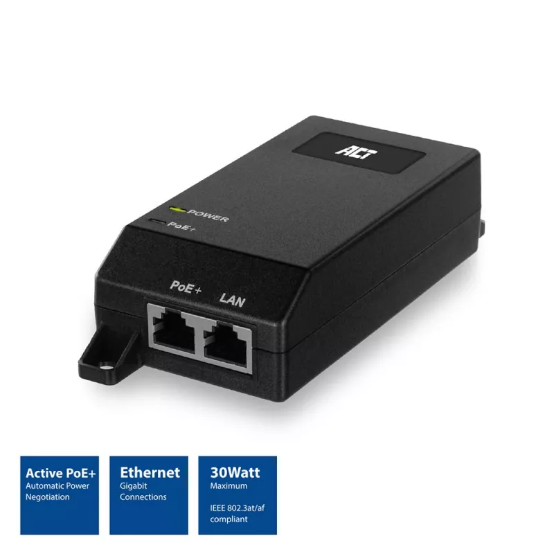 ACT AC4438 inyector PoE+ Gigabit, 10/100/1000 Mbit/s, IEEE 802.3/802.3ab/802.3af/802.3at/802.3u, 30 V, 100-240 V, negro