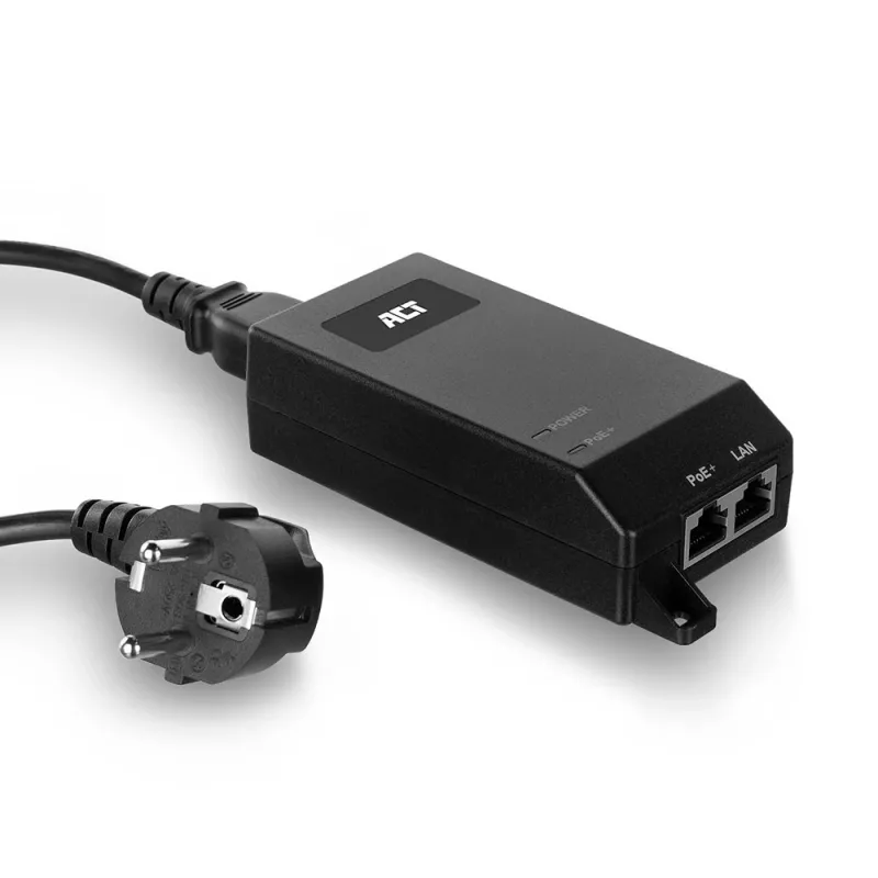 ACT AC4438 inyector PoE+ Gigabit, 10/100/1000 Mbit/s, IEEE 802.3/802.3ab/802.3af/802.3at/802.3u, 30 V, 100-240 V, negro