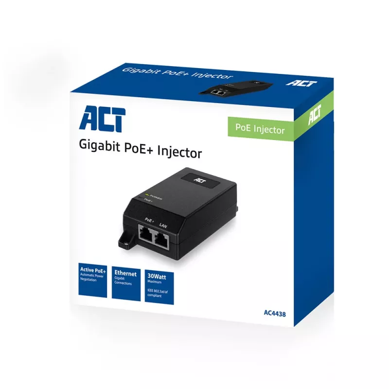 ACT AC4438 inyector PoE+ Gigabit, 10/100/1000 Mbit/s, IEEE 802.3/802.3ab/802.3af/802.3at/802.3u, 30 V, 100-240 V, negro
