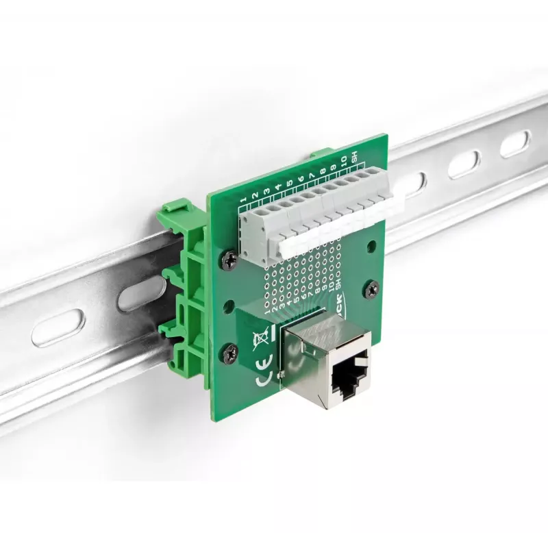 DeLOCK conector hembra RJ50 a regleta con botón a presión para carril DIN en ángulo