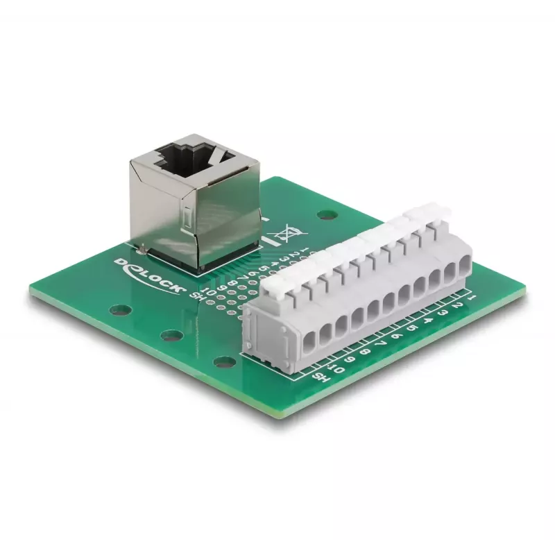 DeLOCK conector hembra RJ50 a regleta con botón a presión para carril DIN en ángulo