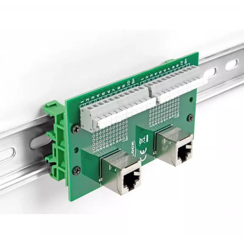 DeLOCK RJ50 2 x conector hembra a 2 x bloque de terminales con botón a presión para carril DIN en ángulo