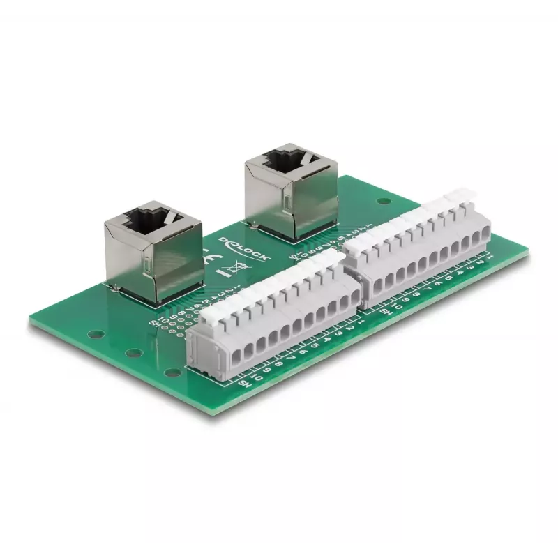 DeLOCK RJ50 2 x conector hembra a 2 x bloque de terminales con botón a presión para carril DIN en ángulo