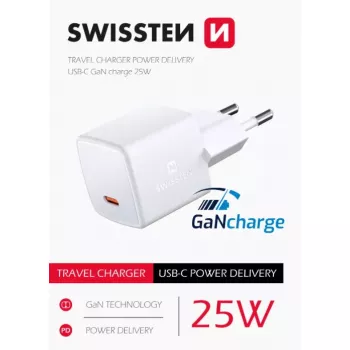 SWISSTEN cargador de viaje mini GaN 25W PD USB-C cargador rápido para teléfonos y tablets