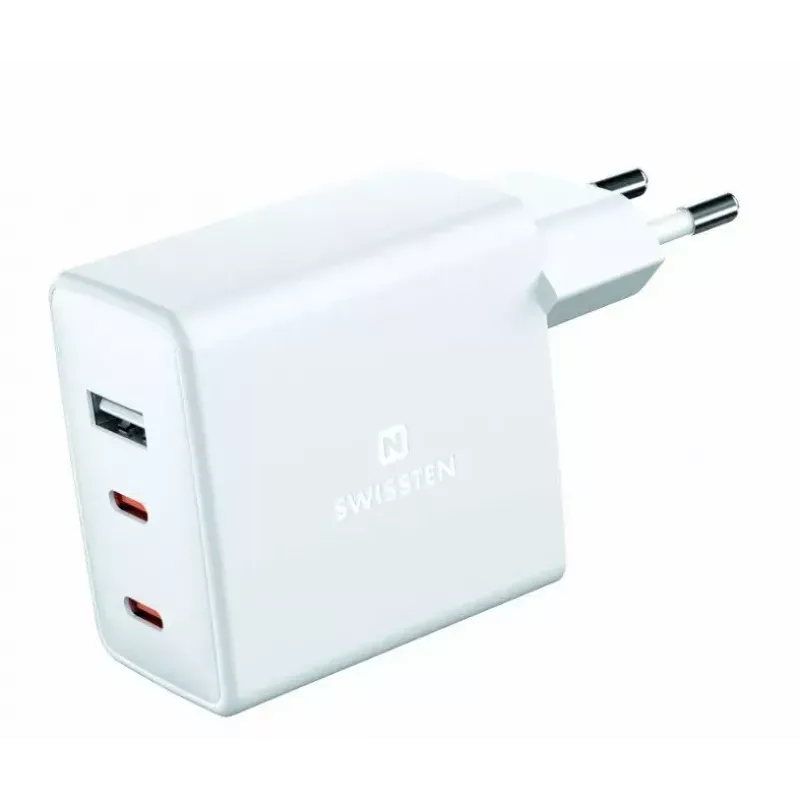 SWISSTEN cargador de viaje GaN 70W 2×USB-C cargador rápido para portátiles y teléfonos
