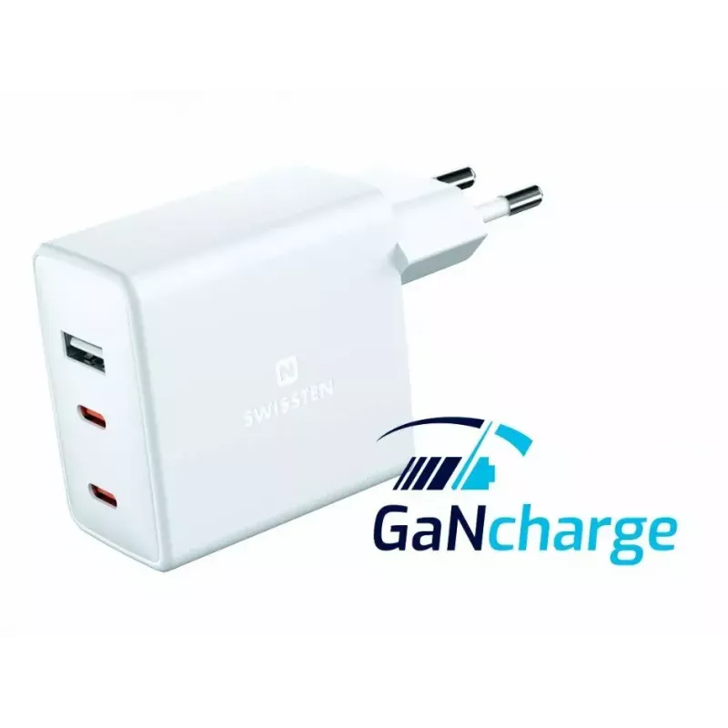 SWISSTEN cargador de viaje GaN 70W 2×USB-C cargador rápido para portátiles y teléfonos