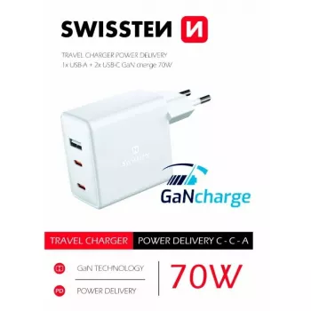 SWISSTEN cargador de viaje GaN 70W 2×USB-C cargador rápido para portátiles y teléfonos