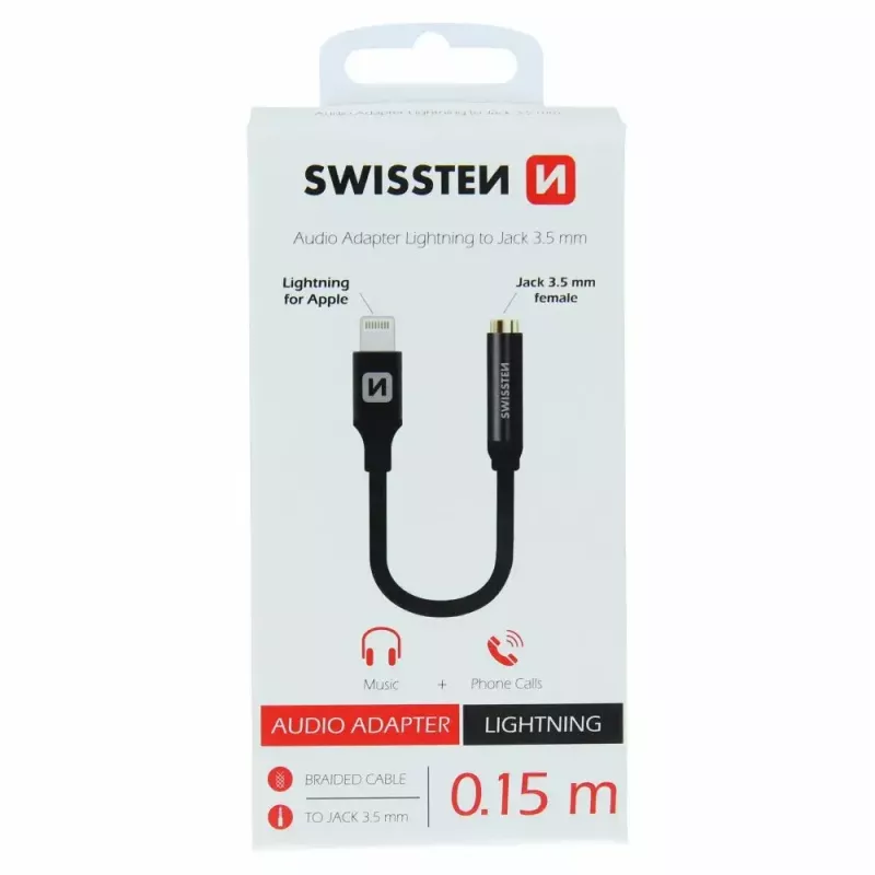 Adaptador de audio SWISSTEN Lightning a jack de 3,5 mm SW-LIGHT-3.5MM-BK, cable 0,15 m, negro