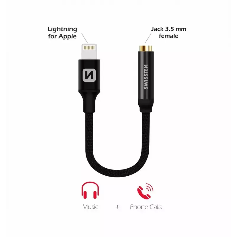 Adaptador de audio SWISSTEN Lightning a jack de 3,5 mm SW-LIGHT-3.5MM-BK, cable 0,15 m, negro