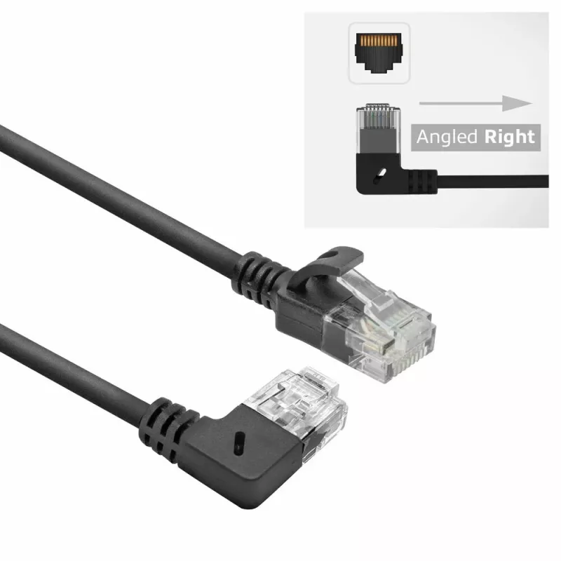 ACT negro 3 metros cable de parcheo U/UTP CAT6A LSZH Slimline con conectores macho RJ45 90° en ángulo a la derecha a recto