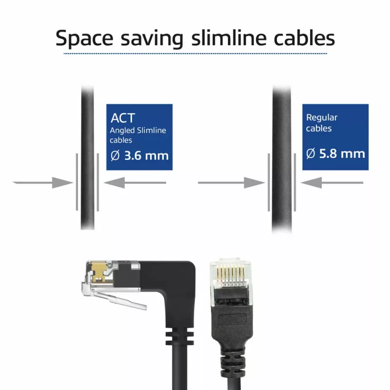 ACT Negro 1 metro Cable de red U/UTP CAT6A LSZH Slimline con conectores RJ45 90° acodado hacia abajo a recto