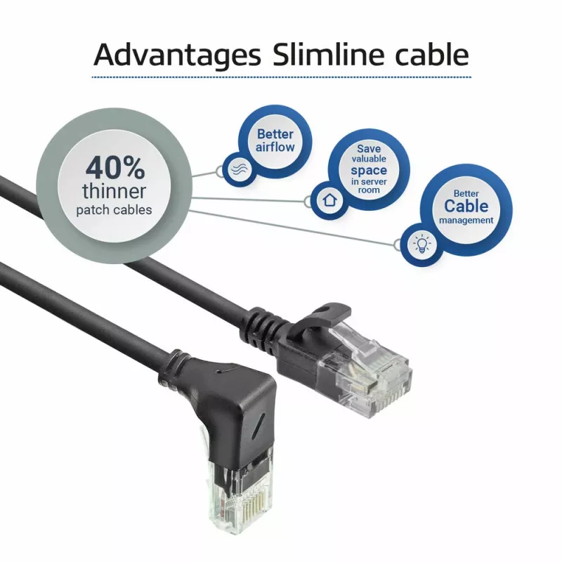 ACT Negro 1 metro Cable de red U/UTP CAT6A LSZH Slimline con conectores RJ45 90° acodado hacia abajo a recto