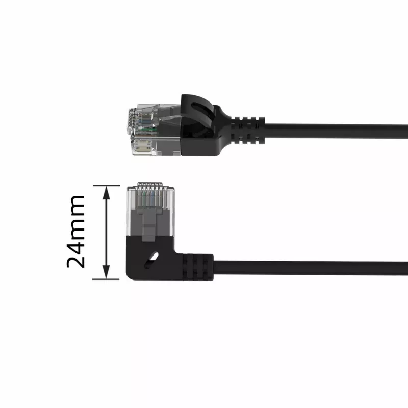 ACT Negro 0,15 metros Cable de red U/UTP CAT6A LSZH Slimline con conectores RJ45 90° acodado izquierda a recto