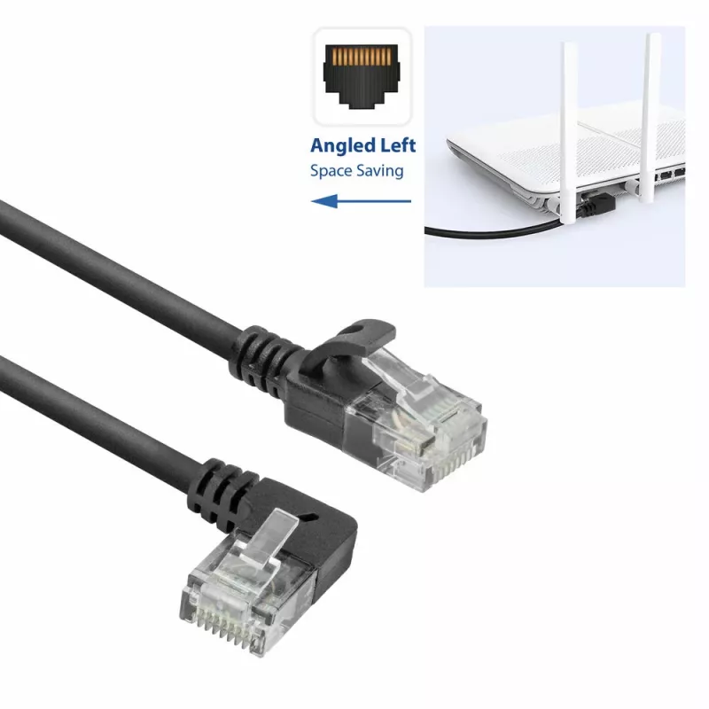 ACT Negro 0,25 metros Cable de red U/UTP CAT6A LSZH Slimline con conectores RJ45 90° acodado izquierda a recto