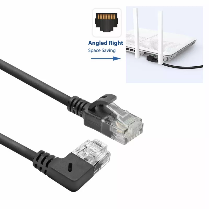 ACT Negro 0,5 metros Cable de red U/UTP CAT6A LSZH Slimline con conectores RJ45 90° acodado derecha a recto