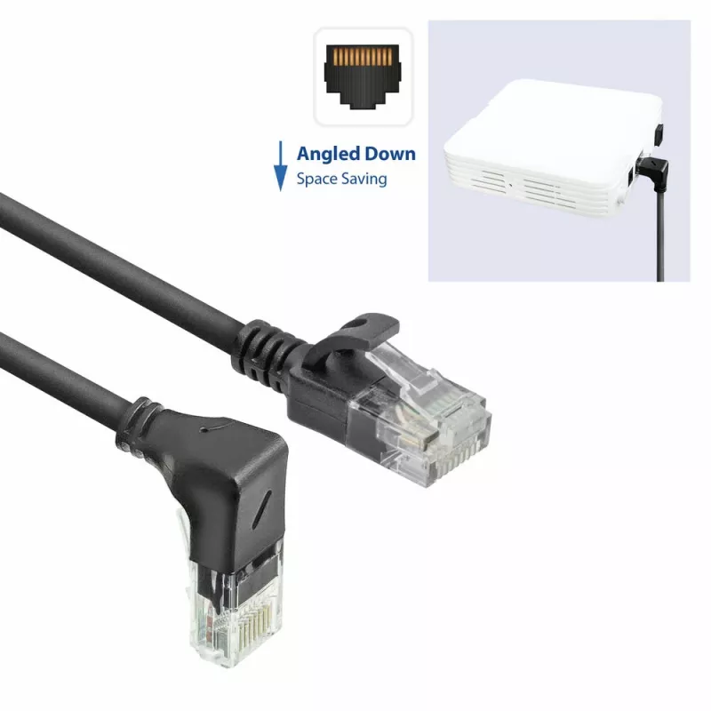 ACT Negro 0,5 metros Cable de red U/UTP CAT6A LSZH Slimline con conectores RJ45 90° acodado hacia abajo a recto