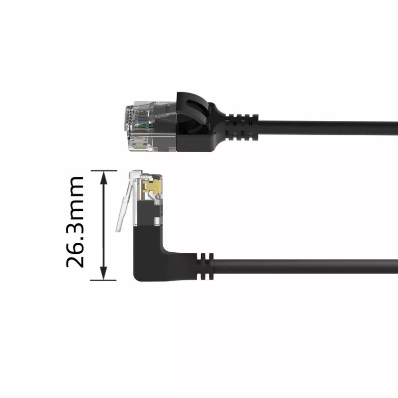 ACT Negro 0,5 metros Cable de red U/UTP CAT6A LSZH Slimline con conectores RJ45 90° acodado hacia arriba a recto