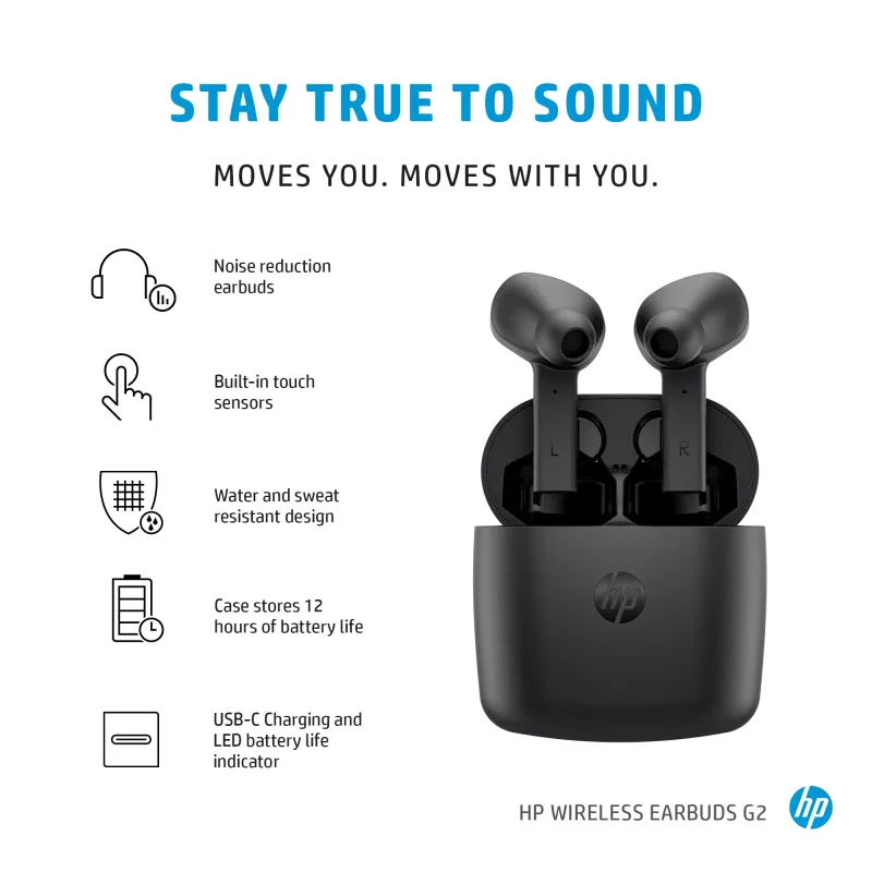 HP Wireless Earbuds G2, inalámbricos, música, 12 g, auriculares, negro