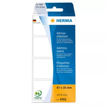 HERMA etiquetas de dirección continuas en acordeón 4302, 67 x 35 mm, blanco, 250 uds