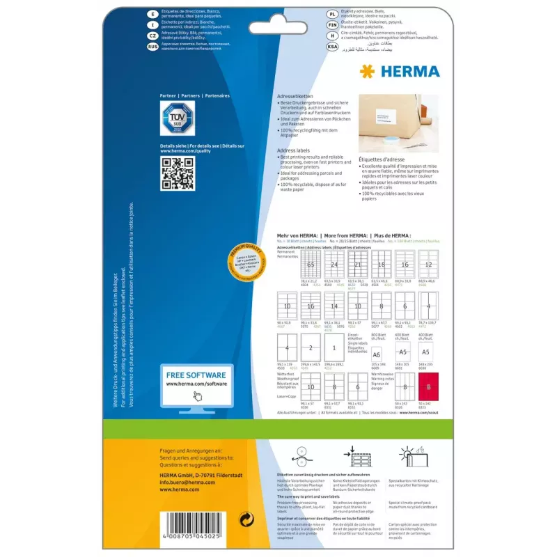 Etiquetas de dirección Premium HERMA 4502 A4 99,1x93,1 mm