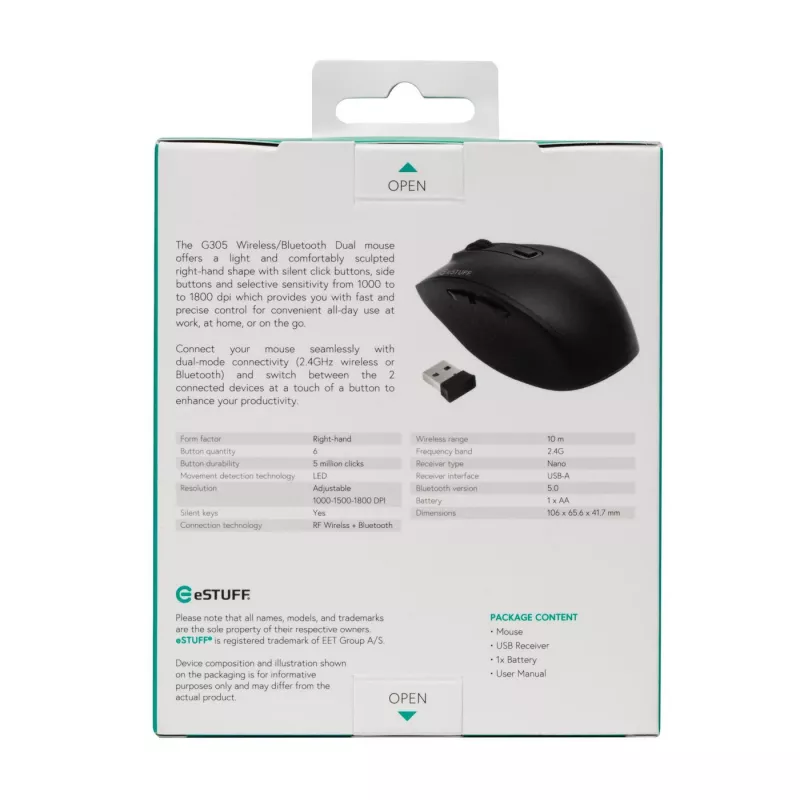 eSTUFF GLB214002 Ratón Office Diestro RF Wireless + Bluetooth IR-LED 1800 DPI