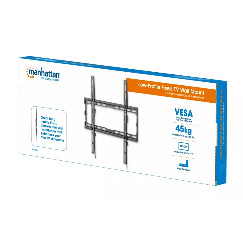 Manhattan 462396 soporte de pared fijo ultrafino para TV, 32-70 pulgadas, 45 kg, negro