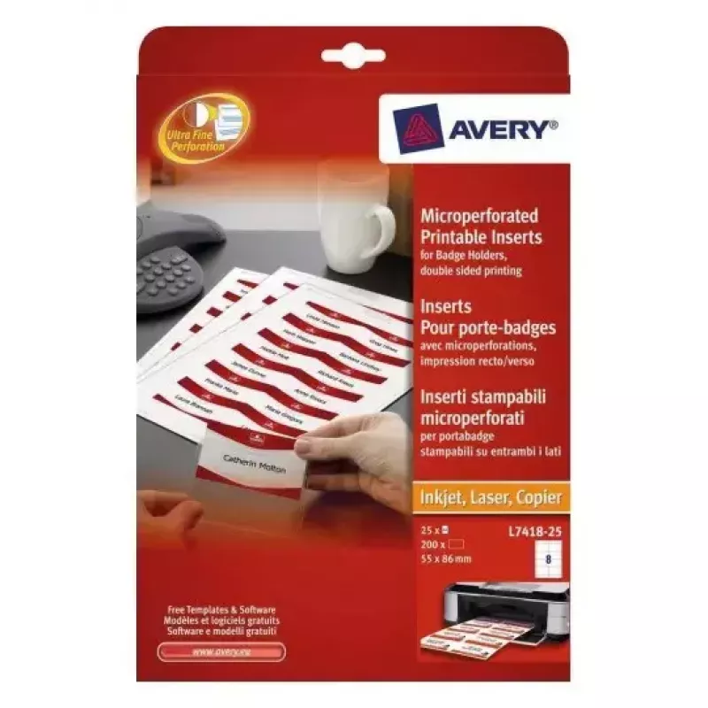 Avery L7418-25 etiquetas identificativas, blanco, 86 x 55 mm, 200 etiquetas (25 hojas)