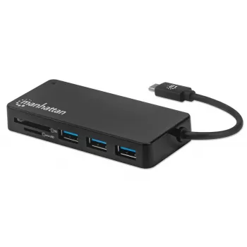 Manhattan dock/hub USB-C con lector de tarjetas, conexiones (x3): USB-A (x3), 5 Gbit/s (USB 3.2 Gen1 alias USB 3.0), no requiere alimentación externa, universal para todos los dispositivos, SuperSpeed USB, negro, tres años de garantía