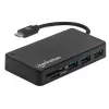Manhattan dock/hub USB-C con lector de tarjetas, conexiones (x3): USB-A (x3), 5 Gbit/s (USB 3.2 Gen1 alias USB 3.0), no requiere alimentación externa, universal para todos los dispositivos, SuperSpeed USB, negro, tres años de garantía
