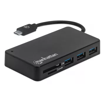 Manhattan dock/hub USB-C con lector de tarjetas, conexiones (x3): USB-A (x3), 5 Gbit/s (USB 3.2 Gen1 alias USB 3.0), no requiere alimentación externa, universal para todos los dispositivos, SuperSpeed USB, negro, tres años de garantía
