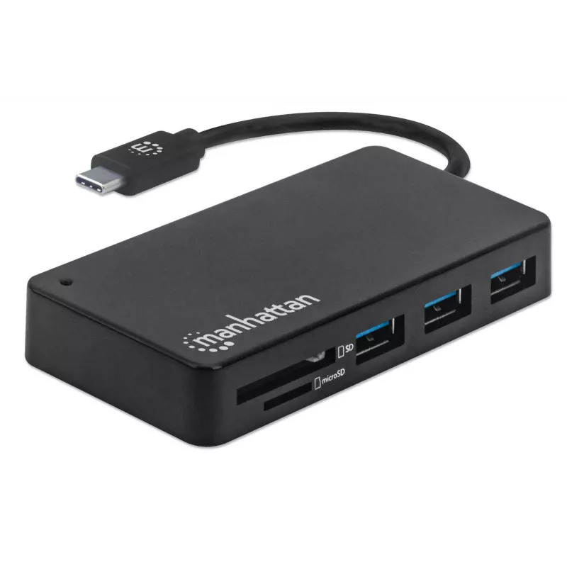 Manhattan dock/hub USB-C con lector de tarjetas, conexiones (x3): USB-A (x3), 5 Gbit/s (USB 3.2 Gen1 alias USB 3.0), no requiere alimentación externa, universal para todos los dispositivos, SuperSpeed USB, negro, tres años de garantía