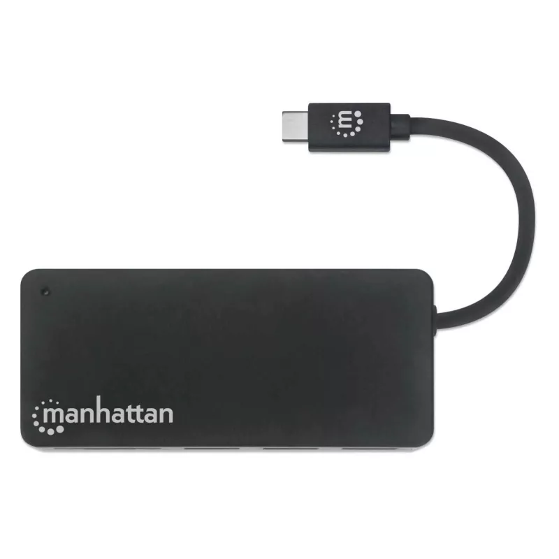 Manhattan dock/hub USB-C con lector de tarjetas, conexiones (x3): USB-A (x3), 5 Gbit/s (USB 3.2 Gen1 alias USB 3.0), no requiere alimentación externa, universal para todos los dispositivos, SuperSpeed USB, negro, tres años de garantía