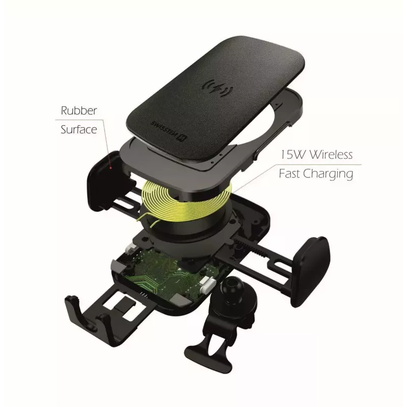 Swissten S-Grip W2-AV5 soporte de coche con cargador inalámbrico de 15 W, con cable USB/USB-C, negro